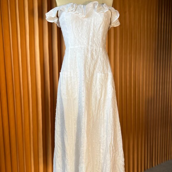 Reformation- Loveliest Linen Eyelet Off-the-Shoulder Dress - Picture 1 of 1